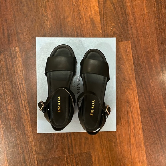 Prada Black Wedge Sandals - New - Size 37.5 - Picture 1 of 6